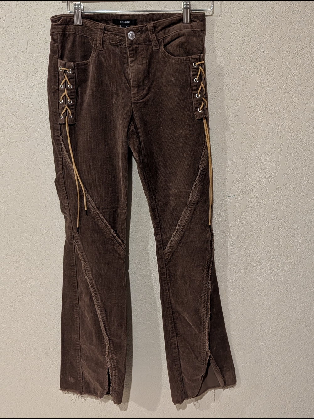 Western Flare Slit Style Brown Corduroy Lace-Up Detail Pants